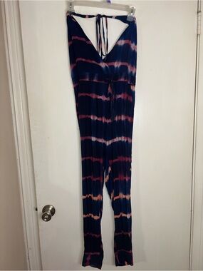 Olivaceous Navy Tie-Dye V-Neck Jumpsuit with Pink & Peach Stripes